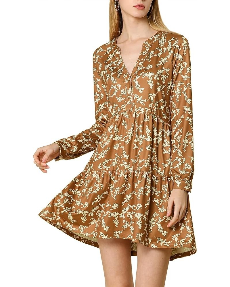 Women's Babydoll Dresses V Neck Long Sleeve Floral Tiered Loose Fall Dresses Brown $11.50 Dresses