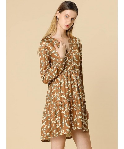 Women's Babydoll Dresses V Neck Long Sleeve Floral Tiered Loose Fall Dresses Brown $11.50 Dresses