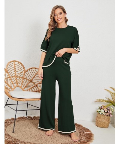 Womens Knit Two Piece Outfits Sweater Sets Short Sleeve Pullover Tops Wide Leg Elastic Waist Pants Loungewear Armygreen $21.8...