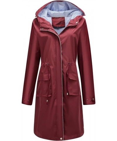 Women's Hooded Rain Jacket Long Waterproof Raincoat Casual Full Zip Anorak Midi Windbreaker Pockets Burgundy $28.90 Coats