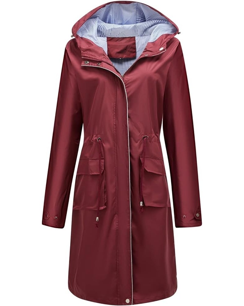 Women's Hooded Rain Jacket Long Waterproof Raincoat Casual Full Zip Anorak Midi Windbreaker Pockets Burgundy $28.90 Coats