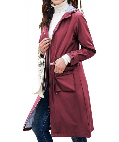 Women's Hooded Rain Jacket Long Waterproof Raincoat Casual Full Zip Anorak Midi Windbreaker Pockets Burgundy $28.90 Coats