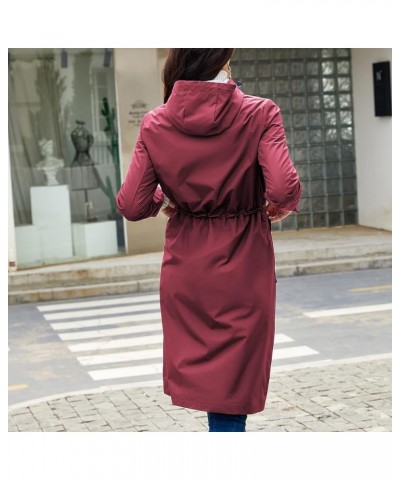 Women's Hooded Rain Jacket Long Waterproof Raincoat Casual Full Zip Anorak Midi Windbreaker Pockets Burgundy $28.90 Coats