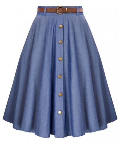 Women's Vintage Stretch High Waist A-Line Flared Midi Skirts with Pockets & Belts Dark Blue Faux Denim $16.00 Skirts