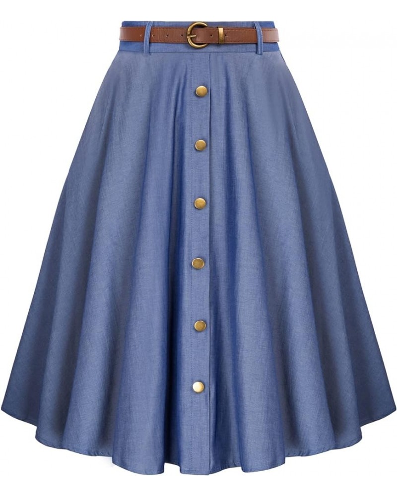 Women's Vintage Stretch High Waist A-Line Flared Midi Skirts with Pockets & Belts Dark Blue Faux Denim $16.00 Skirts