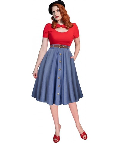 Women's Vintage Stretch High Waist A-Line Flared Midi Skirts with Pockets & Belts Dark Blue Faux Denim $16.00 Skirts