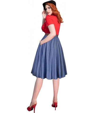 Women's Vintage Stretch High Waist A-Line Flared Midi Skirts with Pockets & Belts Dark Blue Faux Denim $16.00 Skirts