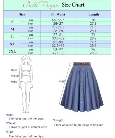 Women's Vintage Stretch High Waist A-Line Flared Midi Skirts with Pockets & Belts Dark Blue Faux Denim $16.00 Skirts