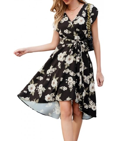 Women's Floral High Low Dress for Wedding Guest Flowy Bohemian Empire Waist Swing Dress with Belt Floral Black $25.49 Dresses