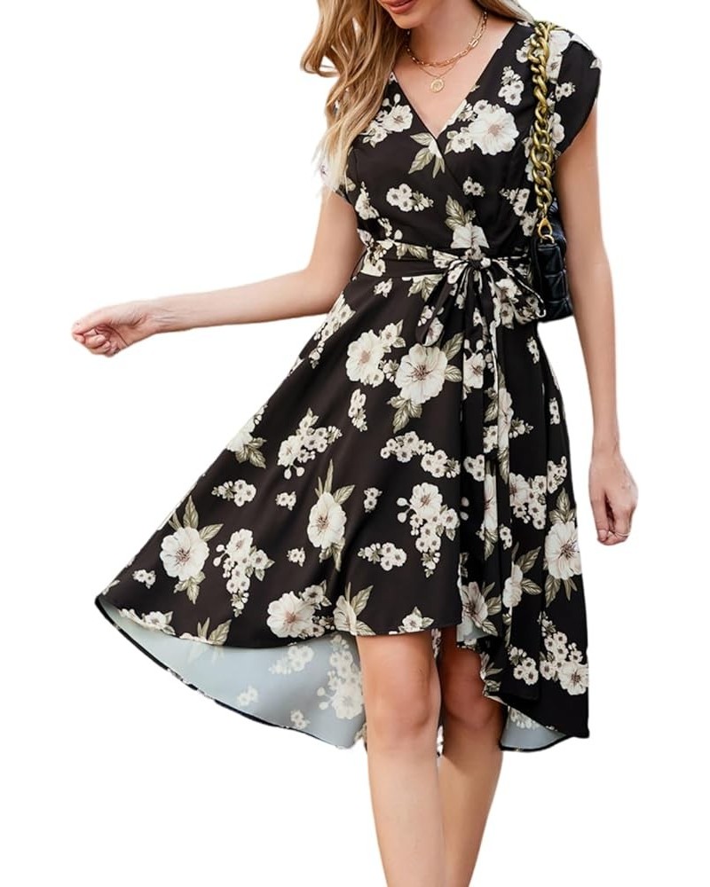 Women's Floral High Low Dress for Wedding Guest Flowy Bohemian Empire Waist Swing Dress with Belt Floral Black $25.49 Dresses