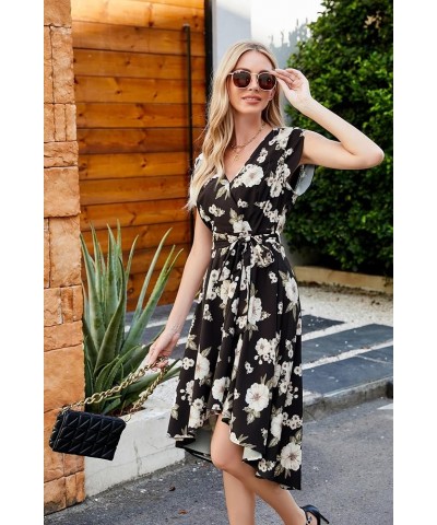 Women's Floral High Low Dress for Wedding Guest Flowy Bohemian Empire Waist Swing Dress with Belt Floral Black $25.49 Dresses