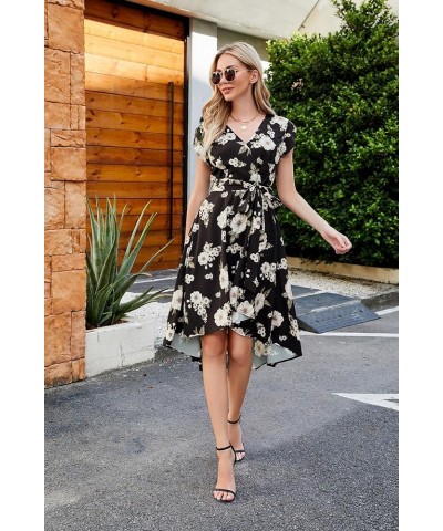 Women's Floral High Low Dress for Wedding Guest Flowy Bohemian Empire Waist Swing Dress with Belt Floral Black $25.49 Dresses