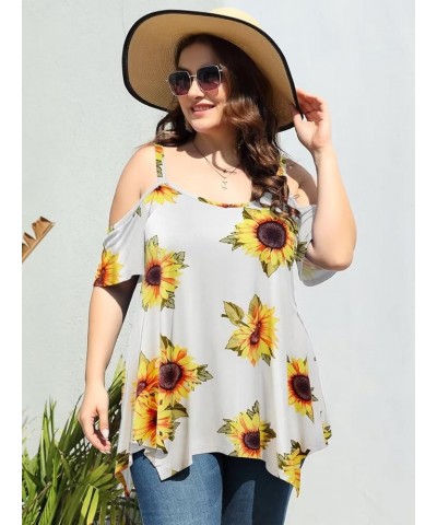 Cold Shoulder Tops for Womens Summer Clothes Spaghetti Strape Tunic Oversized Shirts Asymmetrical Plus Size Blouse A-sunflowe...