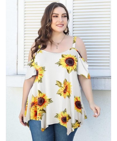 Cold Shoulder Tops for Womens Summer Clothes Spaghetti Strape Tunic Oversized Shirts Asymmetrical Plus Size Blouse A-sunflowe...