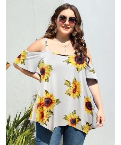 Cold Shoulder Tops for Womens Summer Clothes Spaghetti Strape Tunic Oversized Shirts Asymmetrical Plus Size Blouse A-sunflowe...