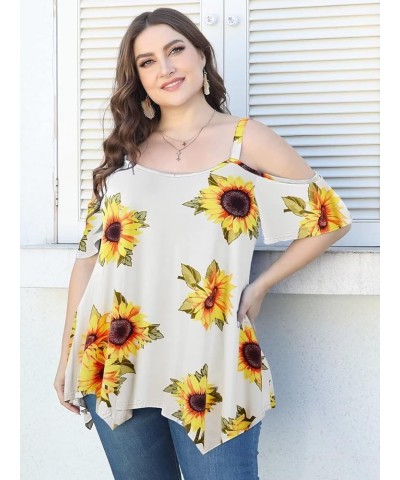 Cold Shoulder Tops for Womens Summer Clothes Spaghetti Strape Tunic Oversized Shirts Asymmetrical Plus Size Blouse A-sunflowe...