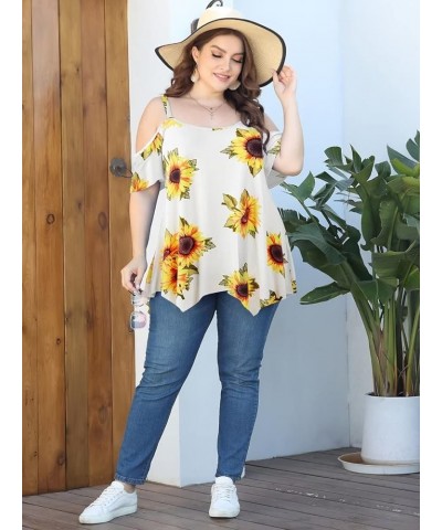 Cold Shoulder Tops for Womens Summer Clothes Spaghetti Strape Tunic Oversized Shirts Asymmetrical Plus Size Blouse A-sunflowe...