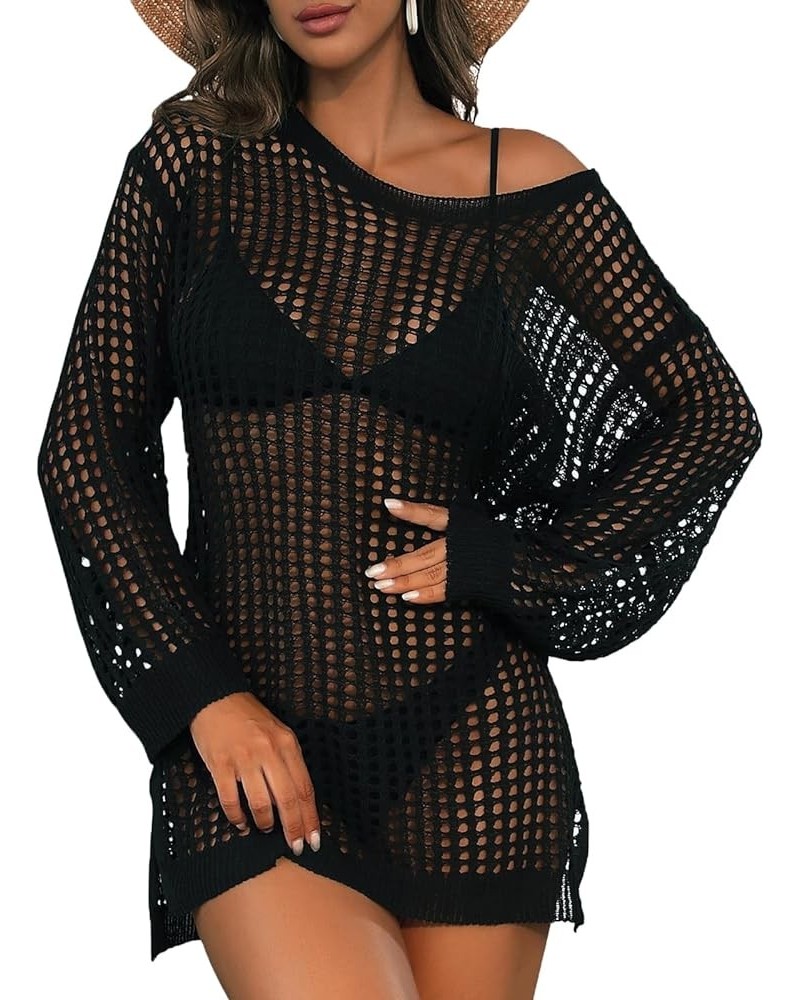 Swimsuit Cover Up Women Crochet Tops Side Split Swim Bikini Bathing Suit Beach Coverups Loose Fit Swimwear Dress Black 02 $17...