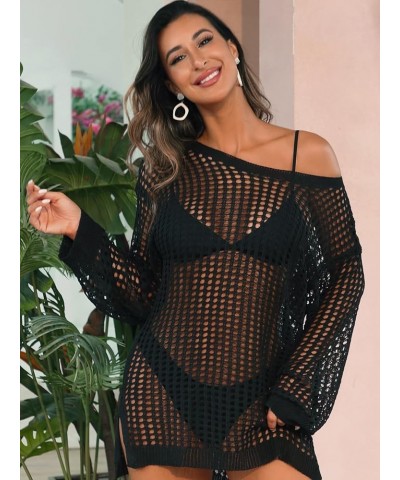 Swimsuit Cover Up Women Crochet Tops Side Split Swim Bikini Bathing Suit Beach Coverups Loose Fit Swimwear Dress Black 02 $17...