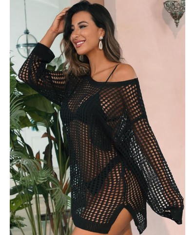 Swimsuit Cover Up Women Crochet Tops Side Split Swim Bikini Bathing Suit Beach Coverups Loose Fit Swimwear Dress Black 02 $17...