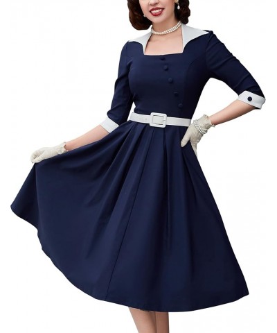 Women's 1950s Retro Vintage 3/4 Sleeve Square Neck Midi Cocktail Swing Dress Navy Blue $24.00 Dresses