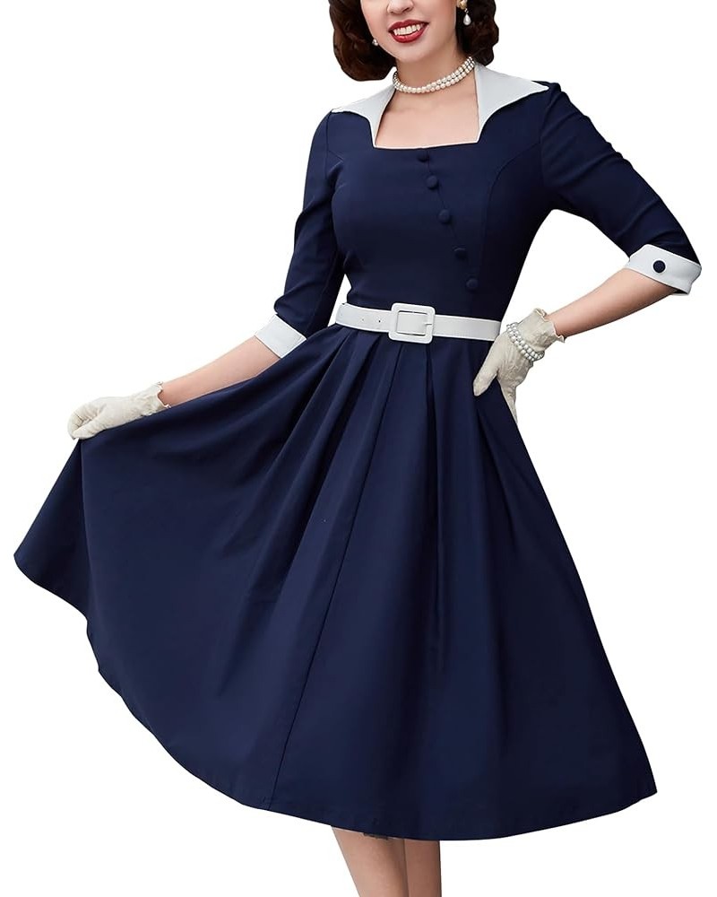 Women's 1950s Retro Vintage 3/4 Sleeve Square Neck Midi Cocktail Swing Dress Navy Blue $24.00 Dresses