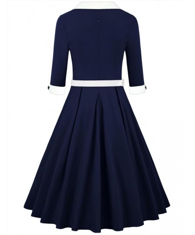 Women's 1950s Retro Vintage 3/4 Sleeve Square Neck Midi Cocktail Swing Dress Navy Blue $24.00 Dresses