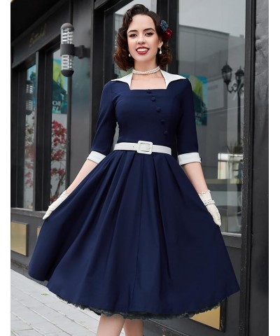 Women's 1950s Retro Vintage 3/4 Sleeve Square Neck Midi Cocktail Swing Dress Navy Blue $24.00 Dresses