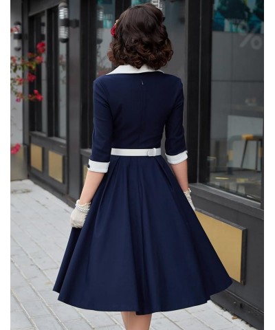 Women's 1950s Retro Vintage 3/4 Sleeve Square Neck Midi Cocktail Swing Dress Navy Blue $24.00 Dresses