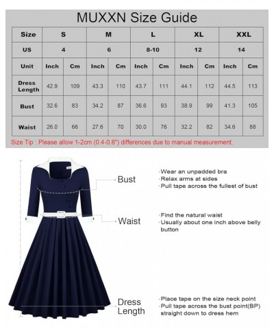 Women's 1950s Retro Vintage 3/4 Sleeve Square Neck Midi Cocktail Swing Dress Navy Blue $24.00 Dresses