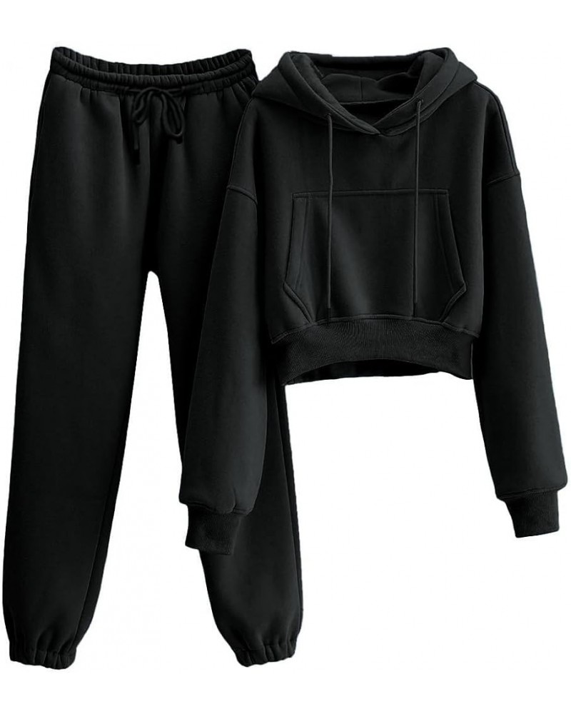 Womens 2 Piece Sweatsuits Outfits Pullover Crop Hoodie Sweatshirt Jogger Pants Tracksuit Set Black $18.72 Activewear