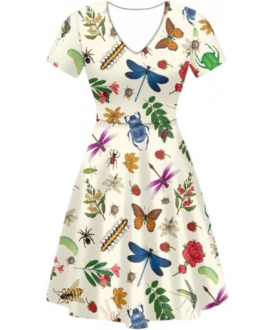 Women Casual Dress Van Gogh 3D Print V-Neck Short Sleeves A-Line Swing Midi Dresses Insects Butterfly $11.20 Dresses