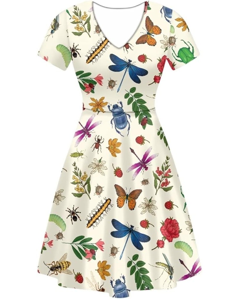 Women Casual Dress Van Gogh 3D Print V-Neck Short Sleeves A-Line Swing Midi Dresses Insects Butterfly $11.20 Dresses