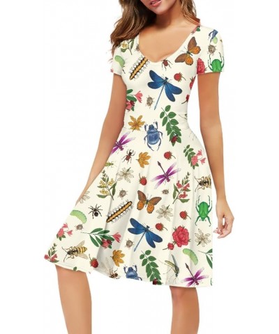 Women Casual Dress Van Gogh 3D Print V-Neck Short Sleeves A-Line Swing Midi Dresses Insects Butterfly $11.20 Dresses