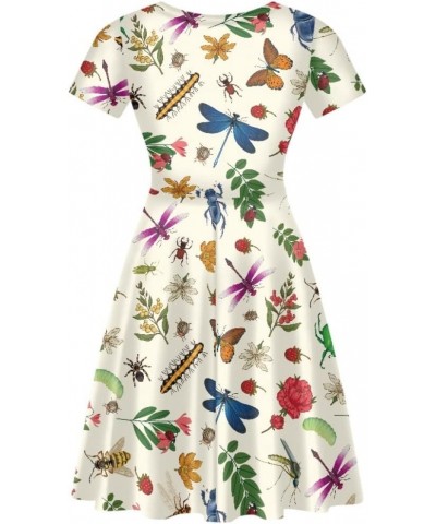 Women Casual Dress Van Gogh 3D Print V-Neck Short Sleeves A-Line Swing Midi Dresses Insects Butterfly $11.20 Dresses