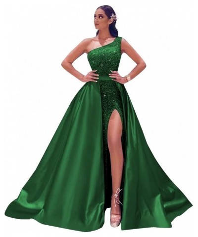 Women's One Shoulder Sequin Prom Dresses with Detachable Train Long Satin Formal Evening Party Gowns with Slit Green $47.50 D...