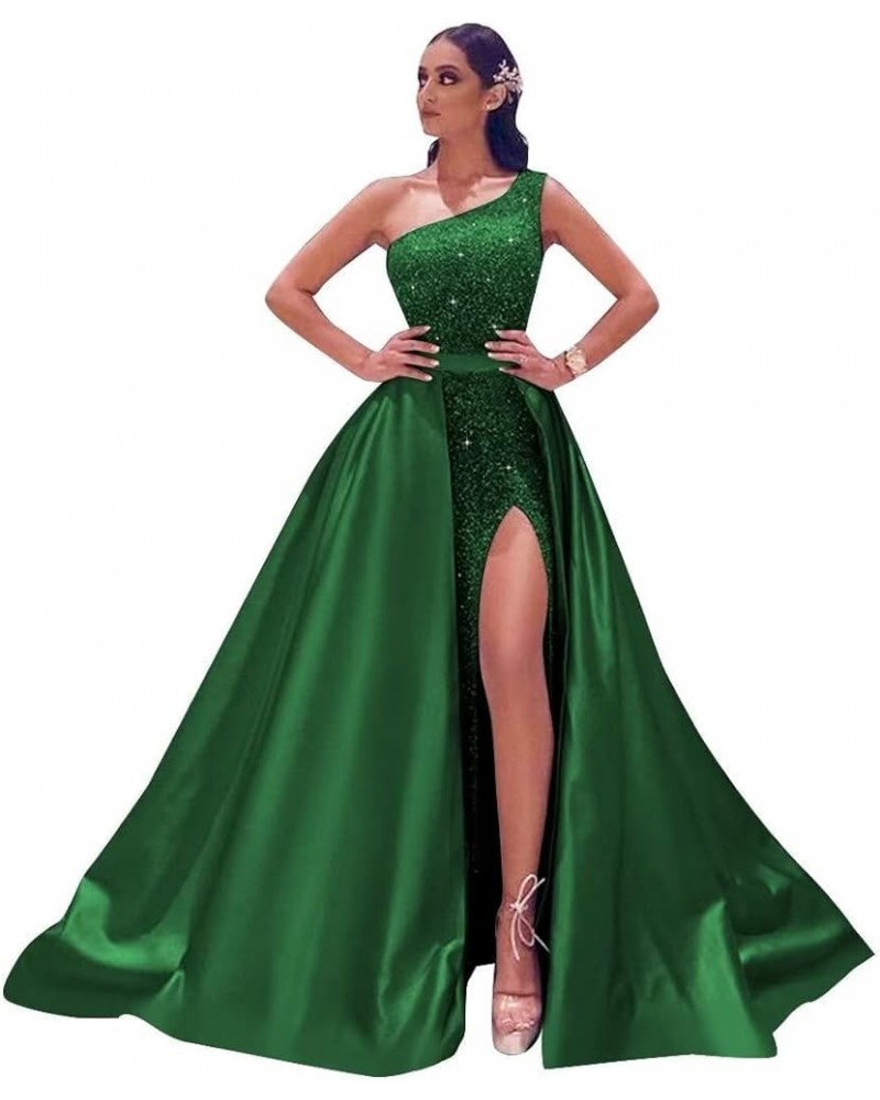 Women's One Shoulder Sequin Prom Dresses with Detachable Train Long Satin Formal Evening Party Gowns with Slit Green $47.50 D...