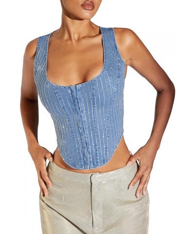 Women's Zip Up Back Asymmetrical Scoop Neck Sleeveless Denim Crop Tank Top Rhinestone Blue $20.13 Tanks