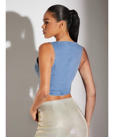 Women's Zip Up Back Asymmetrical Scoop Neck Sleeveless Denim Crop Tank Top Rhinestone Blue $20.13 Tanks