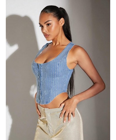 Women's Zip Up Back Asymmetrical Scoop Neck Sleeveless Denim Crop Tank Top Rhinestone Blue $20.13 Tanks