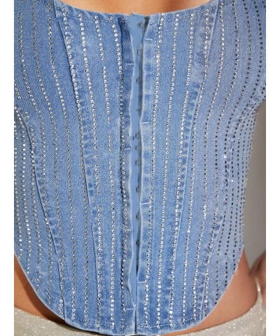 Women's Zip Up Back Asymmetrical Scoop Neck Sleeveless Denim Crop Tank Top Rhinestone Blue $20.13 Tanks