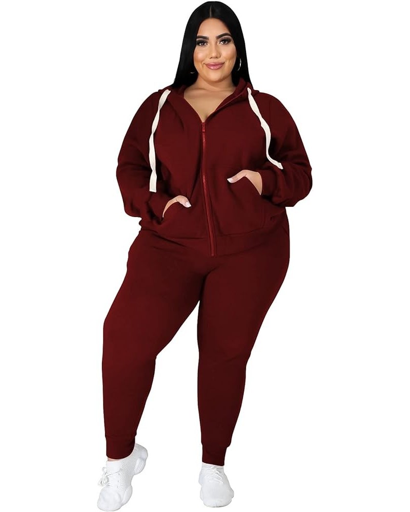 Womens Plus Size 2 Piece Outfits Long Sleeve Sweatsuit Hooded TrackSuit Sets Matching Loungewear with Pockets Burgundy $15.48...