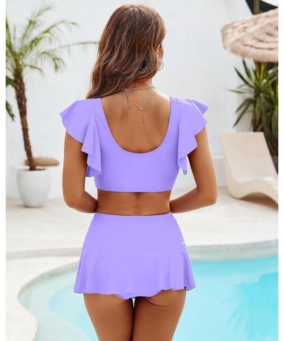 High Waisted Tankini Bathing Suit for Women 2 Piece Tummy Control Swimsuit Ruffle Top Swim Skirt Shorts Bikini Sets Purple $1...