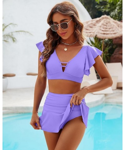 High Waisted Tankini Bathing Suit for Women 2 Piece Tummy Control Swimsuit Ruffle Top Swim Skirt Shorts Bikini Sets Purple $1...