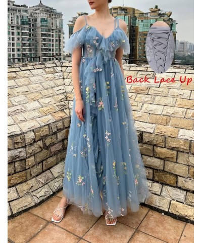 Spaghetti Strap Flower Embroidery Tulle Prom Dresses V Neck Ruffles Formal Evening Gown with Slit for Women Blue $32.90 Dresses