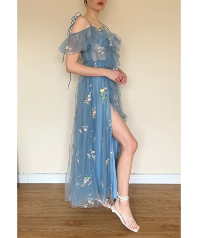 Spaghetti Strap Flower Embroidery Tulle Prom Dresses V Neck Ruffles Formal Evening Gown with Slit for Women Blue $32.90 Dresses