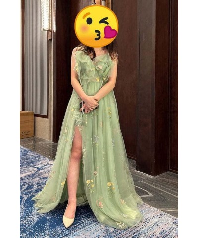 Spaghetti Strap Flower Embroidery Tulle Prom Dresses V Neck Ruffles Formal Evening Gown with Slit for Women Blue $32.90 Dresses