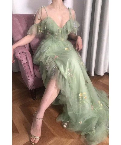 Spaghetti Strap Flower Embroidery Tulle Prom Dresses V Neck Ruffles Formal Evening Gown with Slit for Women Blue $32.90 Dresses