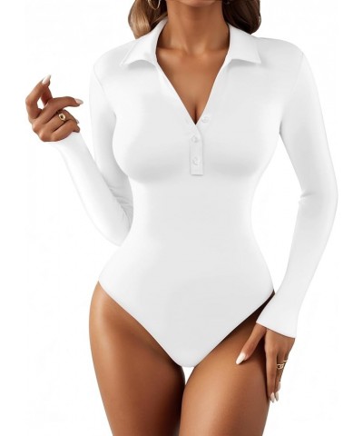 Henley Bodysuit for Women Button Down Long Sleeve Tops Body Suits Dressy Blouse Casual Warm White $9.99 Bodysuits