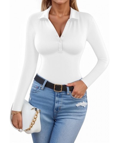 Henley Bodysuit for Women Button Down Long Sleeve Tops Body Suits Dressy Blouse Casual Warm White $9.99 Bodysuits